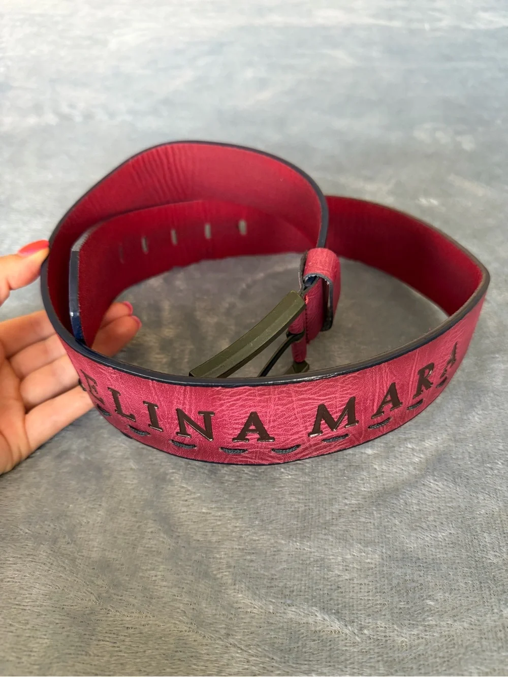 Angelina Mara Red Fox Leather Belt with Embossed Lettering Size S